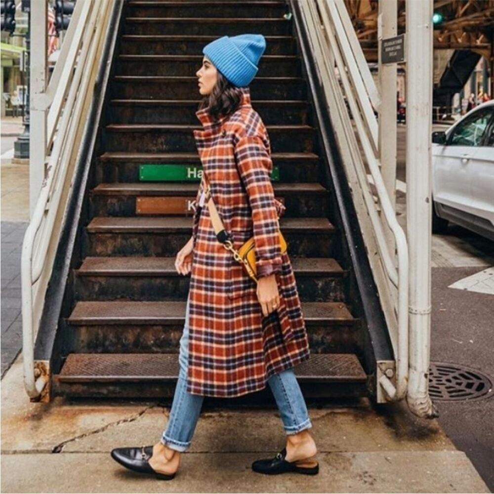 Madewell Rust Wool Blend Plaid Women's Coat Long Belted AA327 S